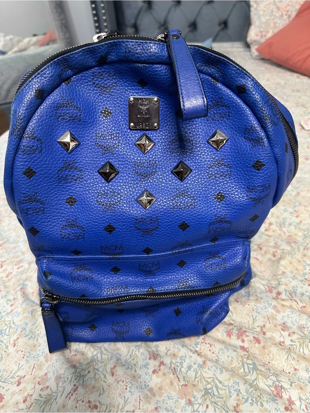 MCM Blue Visetos Studded Backpack